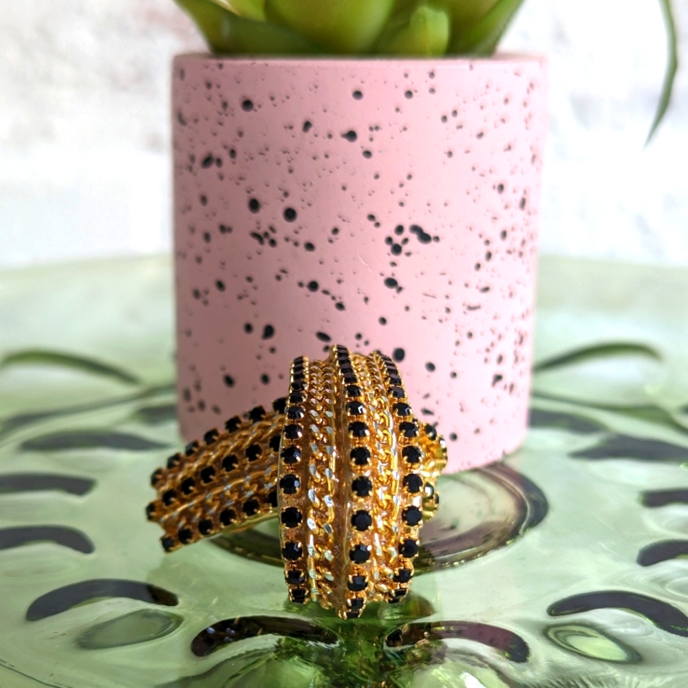 Vintage Gold Black Rhinestone Huggie Statement Clip Earrings